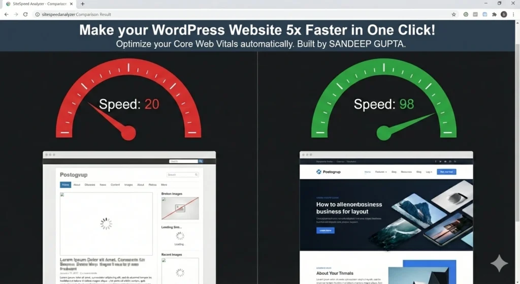 WordPress speed optimization comparison 20 to 98