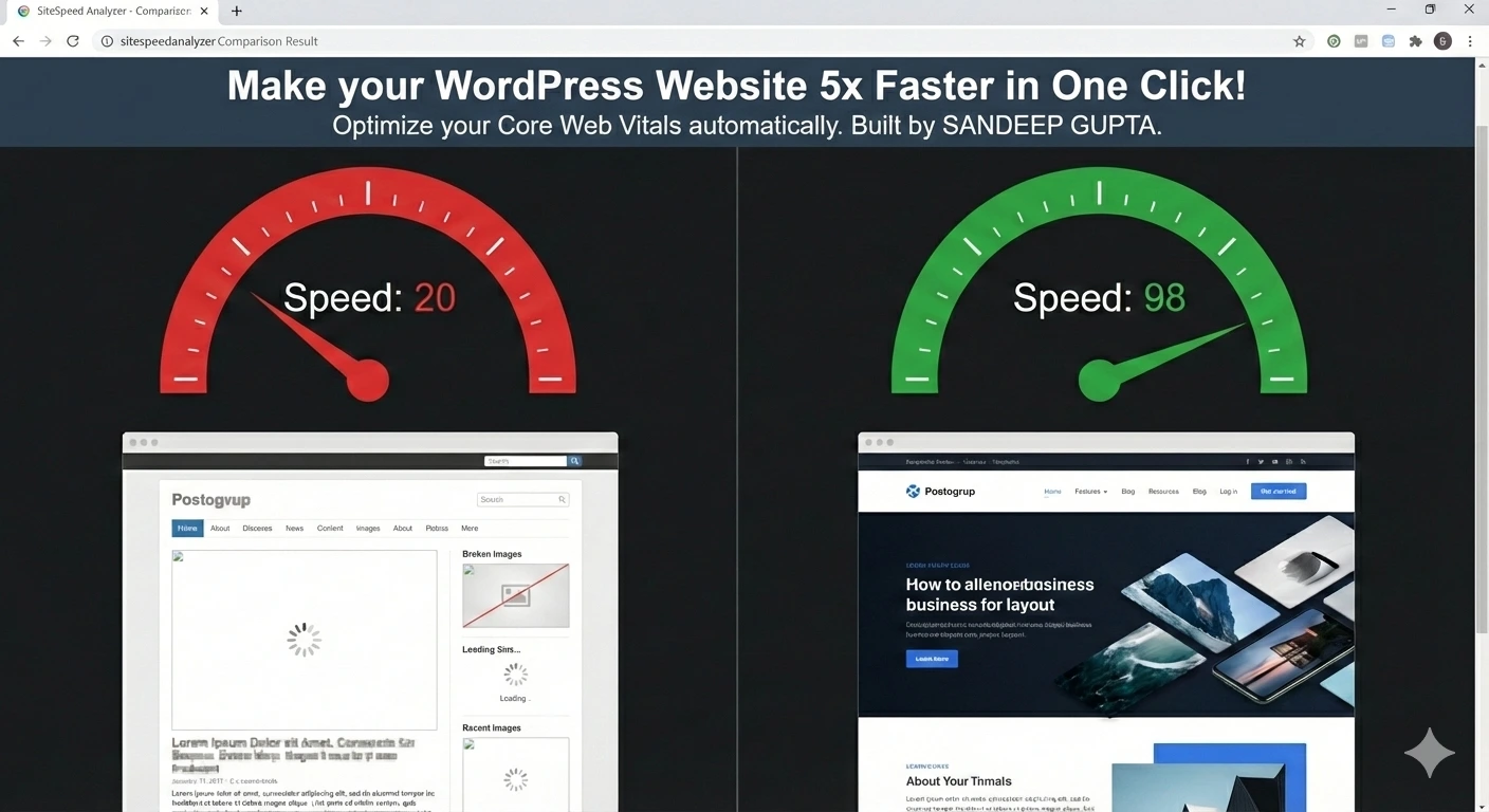 WordPress speed optimization comparison 20 to 98