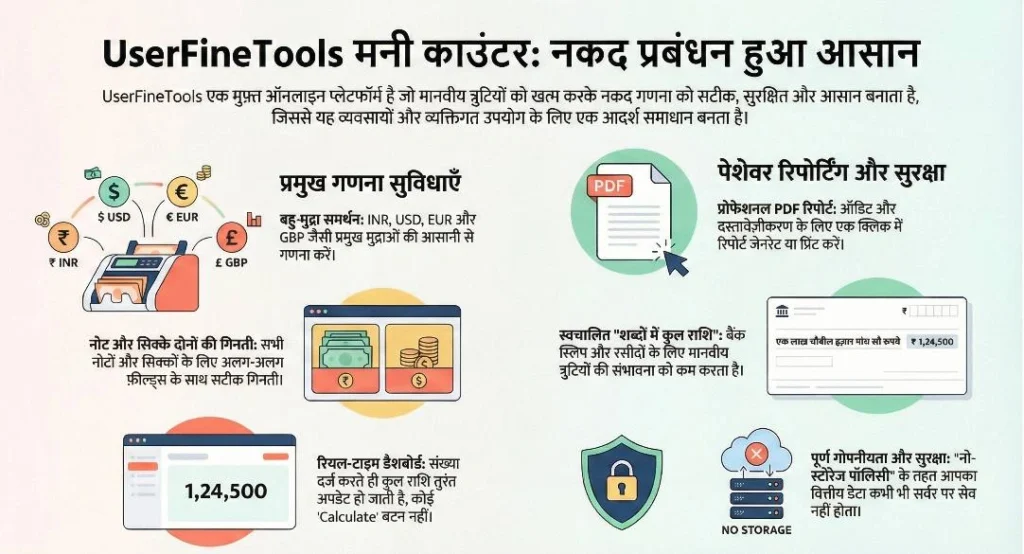 UserFineTools Multi-Currency Money Counter Infographic showing cash denomination calculation, total in words, and professional PDF report features for businesses.